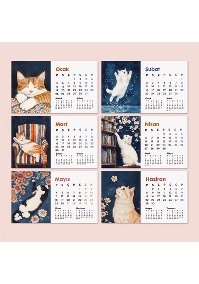 2027 Kedili Masa Takvimi Üç Aylık Takvim - Önceki Ay Sonraki Ay Kedi Severlere Hediye