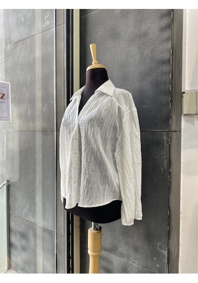 Pera Moda Çizgili Transparan Pileli V Yaka Gömlek Mavi