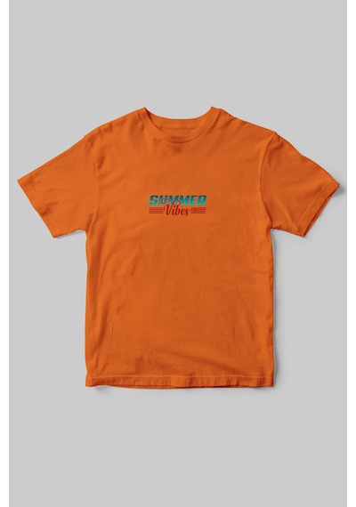 Summer Vibes Yazlık Kısa Kollu Kumsal Güneş Tasarımlı Minimal %100 Pamuk Bisiklet Yaka T-shirt Turuncu