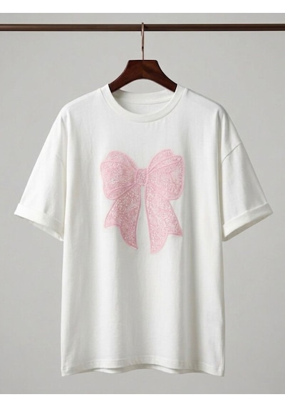 Kadın Beyaz Oversize Fiyonk Baskı Detaylı Kpmpak T-shirt Pembe