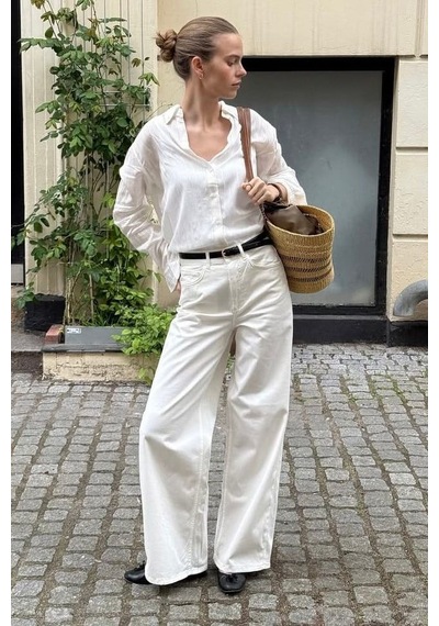 Ekru Yüksek Bel Wide Leg Kadın Jean Mg2880