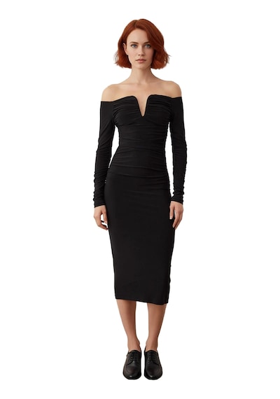 Ersefa Moda Stil Fitted Carmen Yaka Midi Boy Vücuda Oturan Örme Elbise Siyah