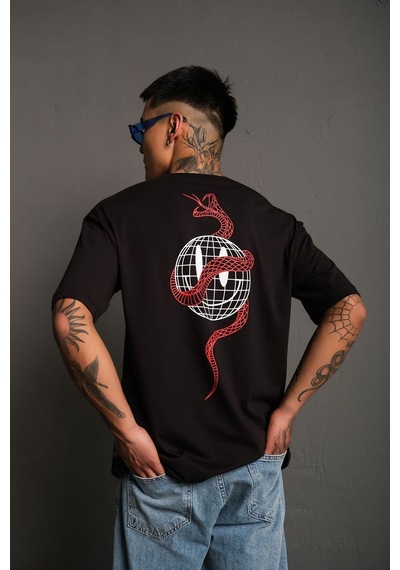 Technomonkey Unisex Siyah Oversize Yılan Baskılı T-shirt