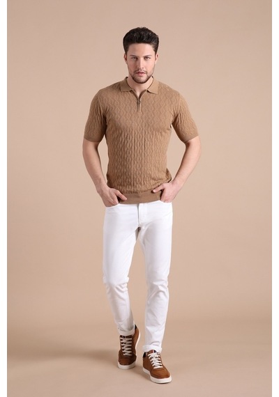 Ferraro Camel Polo Yaka Fermuarlı Erkek Pamuk Triko T-Shirt-Kahverengi (417942562) Kahverengi
