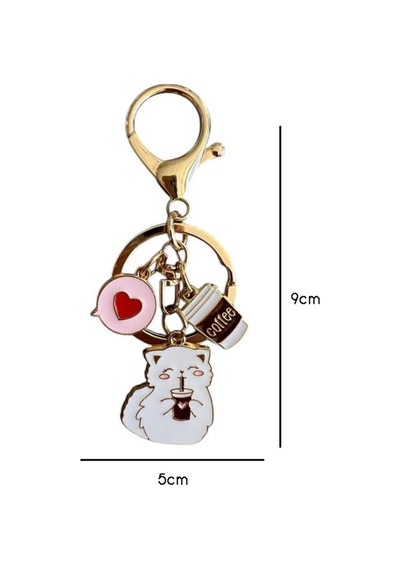 Kahveli Beyaz Kedi Metal Charm Anahtarlık Çok Renkli Çok Renkli