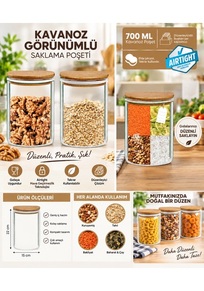 Ahşap Kapaklı Kavanoz Görünümlü Saklama Poşeti 15x22-700 Ml 100 Adet