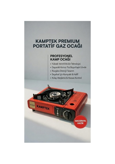 Kamptek Profesyonel Portatif Kamp Ocağı Kırmızı Stop Emniyet + Çakmak Ateşleme + Hediyeli Çanta Kırmızı