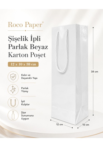 Şişelik İpli Beyaz Karton Poşet, 1 Adet - 12x10x38 Cm, Kalın Yapı
