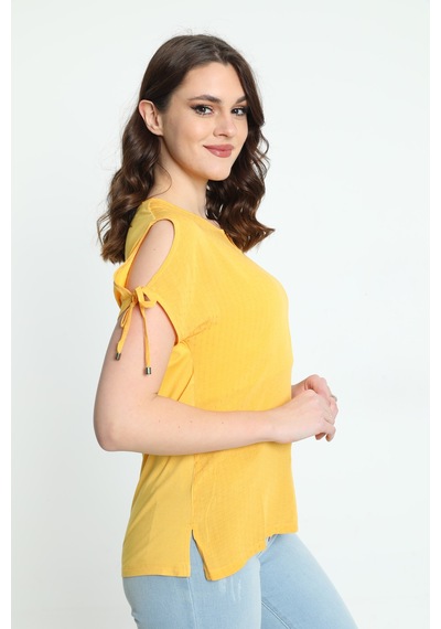 Ella Camelia Kadın Yaka ve Kol Detaylı Desenli Bluz 19E008 Sarı