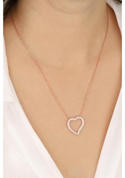 Beyaz Taşlı Büyük Kalpli Gümüş Kolye Rose Gold
