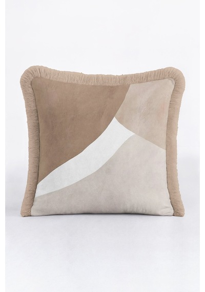 Modern Lüks Saçaklı Yastık Kılıfı - Geometrik Minimalist Bej Modern Püsküllü Kırlent Kılıfı Batımı Koyu Taba