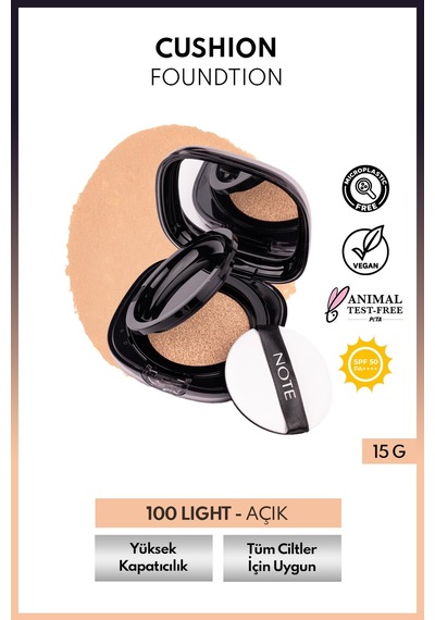 Note Cushion Foundation Spf 50 Pa++++ Yoğun Kapatıcı, Doğal Saten Bitişli Fondöten 100 Light Açık