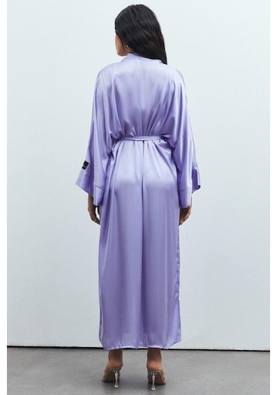 Frappant Lila Uzun Saten Sabahlık / Kimono Lila