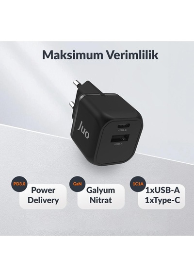 Juo 20W GaN USB-C + USB-A Şarj Aleti iPhone & Apple Uyumlu iPad  & Android PD QC4.0 Type-C Hızlı Şarj Cihazı Siyah