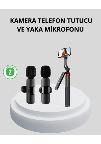 Kablosuz Çift Yaka Mikrofonu Tripodlu Selfie Çubuğu İçerik Üretici Seti
