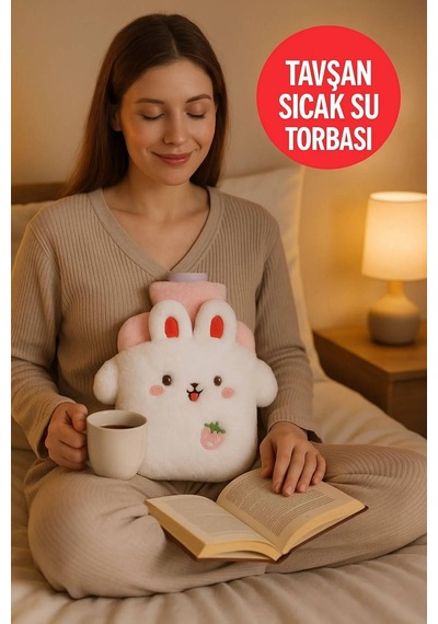 Tavşan Figürlü Yumuşak Peluş Eldivenli Sıcak Su Torbası Beyaz