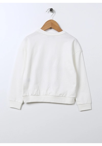 Kız Çocuk Bisiklet Yaka Önü Taş Baskılı Pamuklu Düşük Omuz Ekru Kışlık Sweatshirt/üst Giyim Ekru