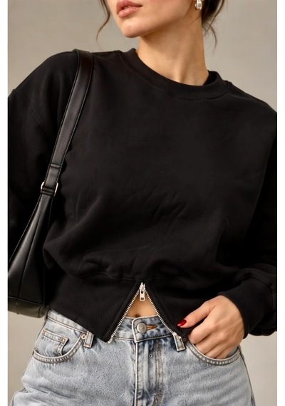 Bbbutikbasic Fermuar Detaylı Şardonlu 3 İplik Kadın Sweatshirt My3535 siyah