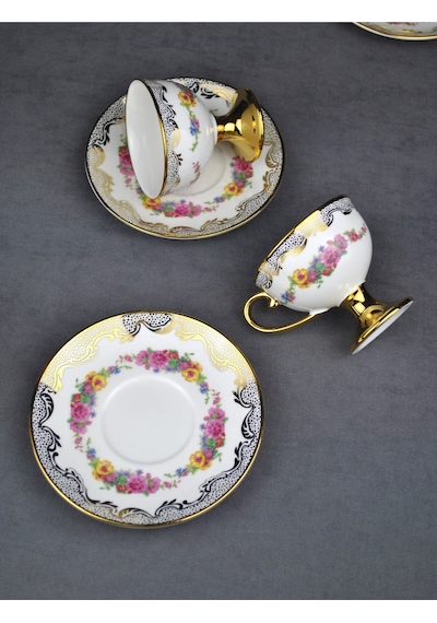 2 Kişilik Porselen Pembe Çiçekli Vintage Gold Ayaklı Kahve Fincan Takımı 90 Ml