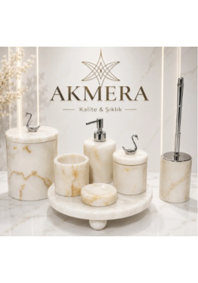Sarı Tonlu Mermer Top Ayaklı Gerçek Mermer 7 Parça Ultra Lüks Banyo Seti beyaz