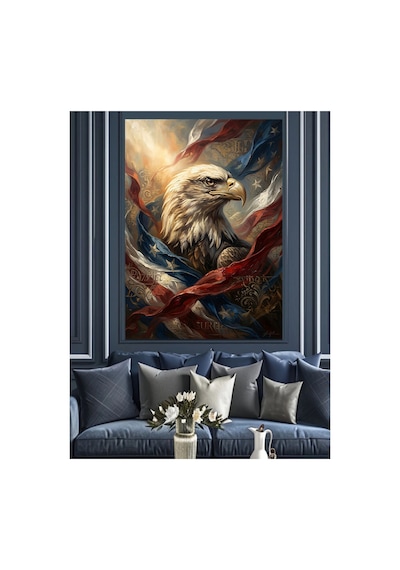 Amerikan Bayraklı Vakur Kartal Başı Yağlı Boya Dokulu Kanvas Tablo Canvas Tablosu