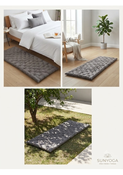Pamuk Kapitone Meditasyon Minderi 180x60 Cm - Konforlu Yoga Matı Ve Yer Minderi Gri