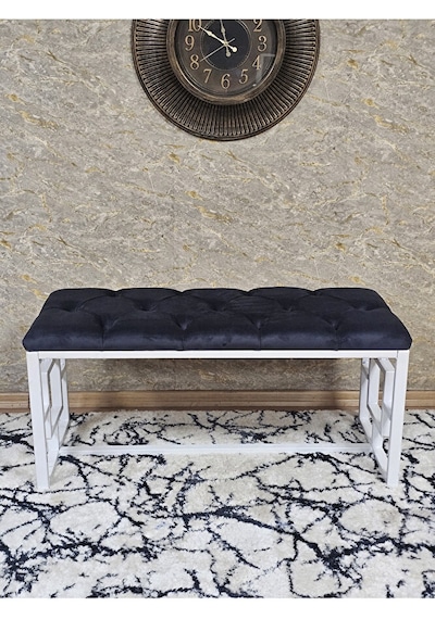 Beyaz Boyalı İçi Kareli Diktörtgen 100 Cm X 40 Cm Oturak Puf - Be Çok Renkli