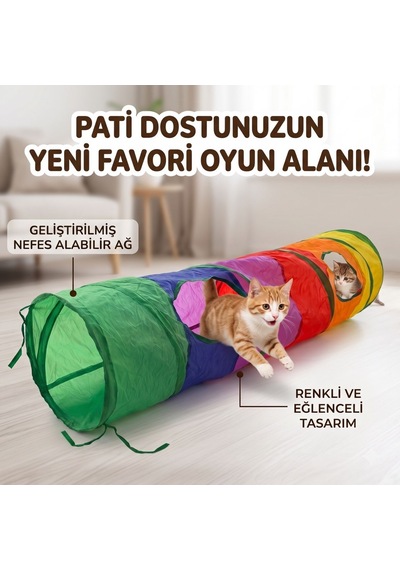 Kedi Oyun Tüneli 120 Cm Çok Pencereli Katlanabilir Gökkuşağı Kedi Tüneli Oyuncaklı Ponponlu