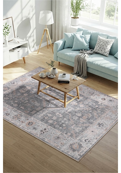 Artloop Stonart Eskitme Vintage Desenli Gri Otantik Yıkanabilir Şönil Halı Al 467 Gri 13
