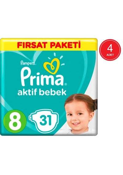 Prima Pampers Aktif Bebek Fırsat Paketi Bebek Bezi 17+ KG 8 Beden 4 x 31 Adet 4'lü