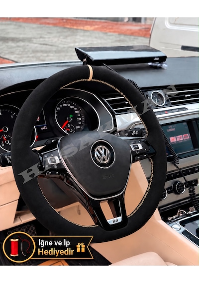 Vw Polo 6c Dikme Direksiyon Kılıfı Full Alcantara Süet Bej Yüzük Ve Bej Dikiş 2014-2017 Siyah