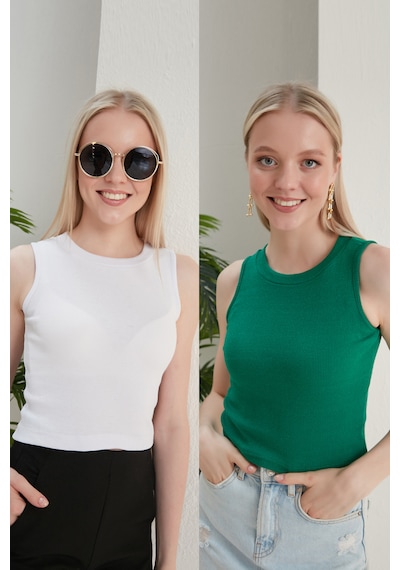 Catspy Kadın Halter Yaka 2'li Crop Bluz Atlet Beyaz - Yeşil