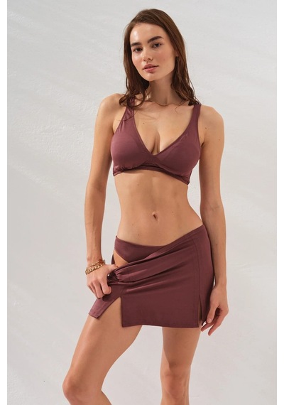 Toffee Fra Yırtmaç Detaylı Etekli Set Üçgen Bikini Takımı Ayarlanabilir Kalın Askılı Kullanışlı Kahverengi
