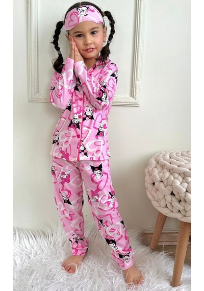 Kız Çocuk Desenli Kalp Karakter Baskılı Pembe Renk Uzun Kollu Pijama Takımı Pembe
