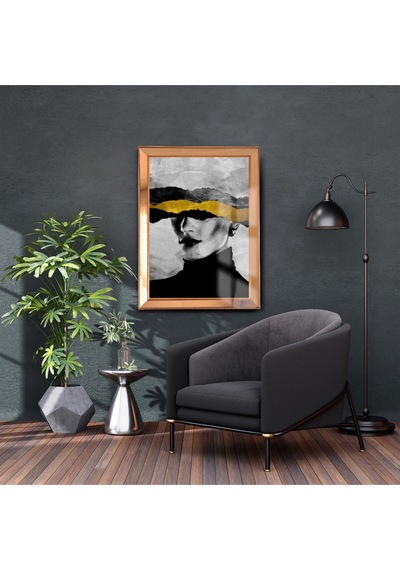 Gold Çerçeveli Varak Detaylı Gold Black Kadın Cam Ayna Çerçeveli Tablo