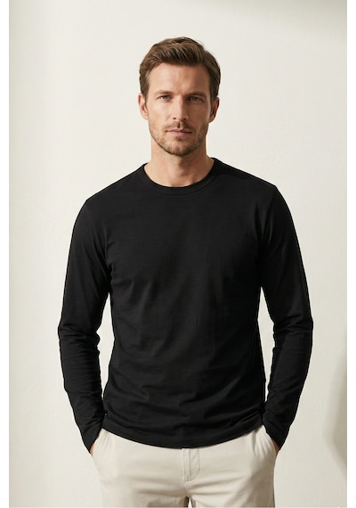 Elemge Pamuk Erkek Süprem Basic T-shirt Compact Penye Tok Kumaş Uzun Kollu Siyah Sporcu Tişört Body 2XL