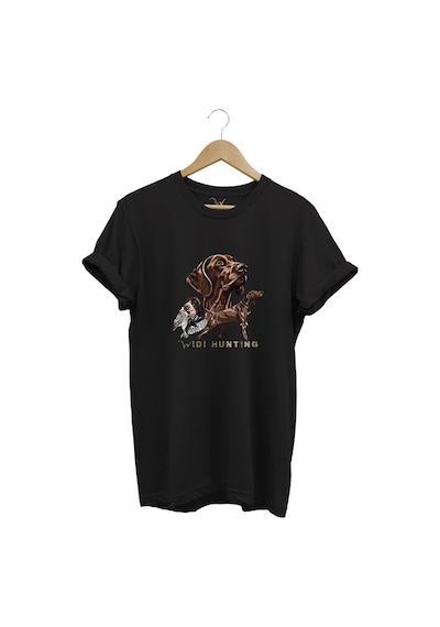 Avcılık Hunter Kurzhaar Av Köpeği Ve Çulluk Baskılı %100 Pamuk Regular Fit Unisex T-shirt Siyah