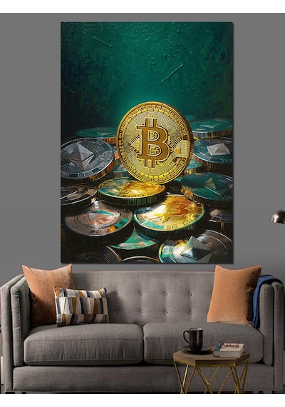 Ahşap Tablo Altın Bitcoin Kripto Para