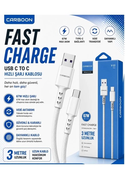 Carboon V-53 3mt Usb To Type-c 67w Şarj Kablosu Şarj Data Kablosu