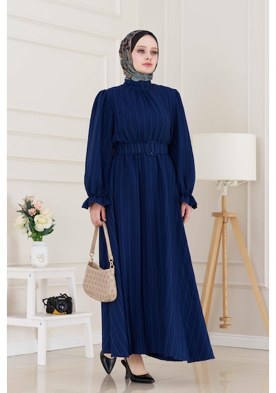 Sevitli Kolu Volanlı Kemerli Henna Elbise-lacivert-5056 Lacivert
