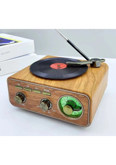Nostaljik Tasarım Plak Çalar Görünümlü Radyolu Bluetooth Hoparlör Retro Müzik Plak