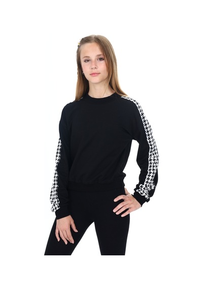 Kız Çocuk Relax Fit Dik Yaka Düşük Omuz Kolu Garnili Sweatshirt - 2 İplik Siyah
