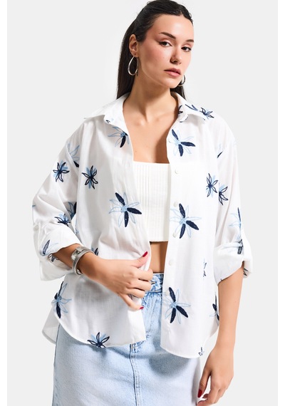Itsbasic Kadın Beyaz Mavi S6-103 Oversize Nakışlı Gömlek
