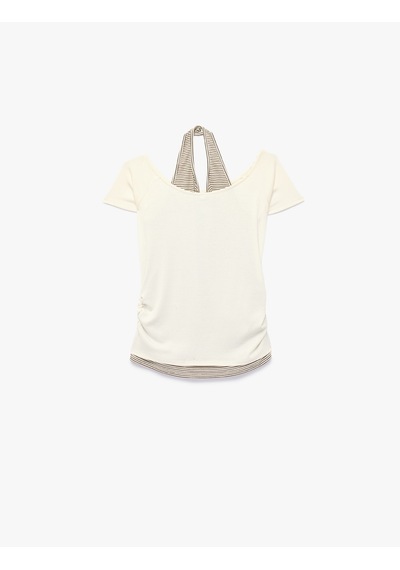 Koton Viskon Karışımlı Kayık Yaka Kısa Kollu Slim Fit Crop Tişört Ekru 6skg10529ak