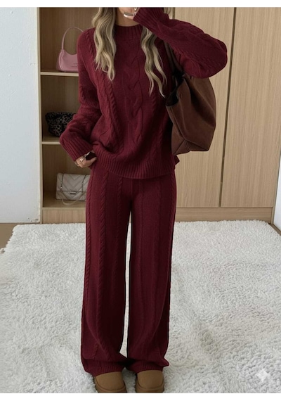 Sayzen Your Shine Saç Örgülü Kazak Pantolon Triko Takim Systkm01 Bordo