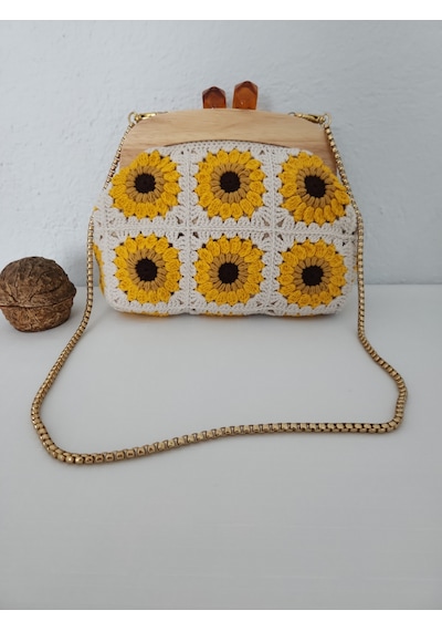 Fikriharika Design Ayçiçeği Motifli Ahşap Burslu El Çantası Çok renkli
