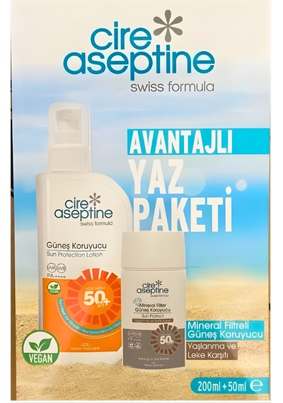 Cire Aseptine Avantajlı Yaz Paketi Güneş Koruyucu Spf 50+ 200ml İle Mineral Filtreli Güneş Koruyucu Yaşlanma Ve Leke Karşıtı Spf 50+ 50ml
