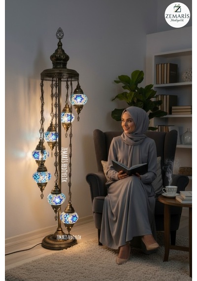 El Yapımı Otantik Mozaik Lambader 7 Li Mavi - 761810958 Diğer