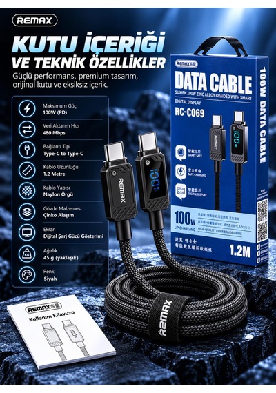 Remax Suxien Rc-c069 100w Pd Dijital Ekranlı Type-c To Type-c Hızlı Şarj Ve Data Kablosu 1.2 Metre Siyah