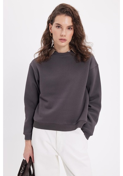 Tudors Kadın Oversize Geniş Kesim Pamuklu Bisiklet Yaka Füme Sweatshirt-39927 Füme